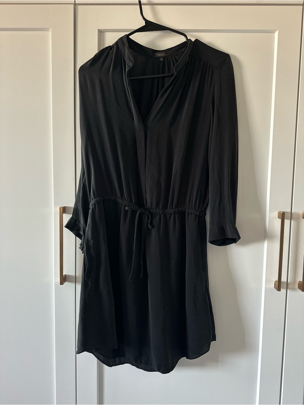 Babaton Black Long-Sleeve Drawstring Shirt Dress 100% silk
